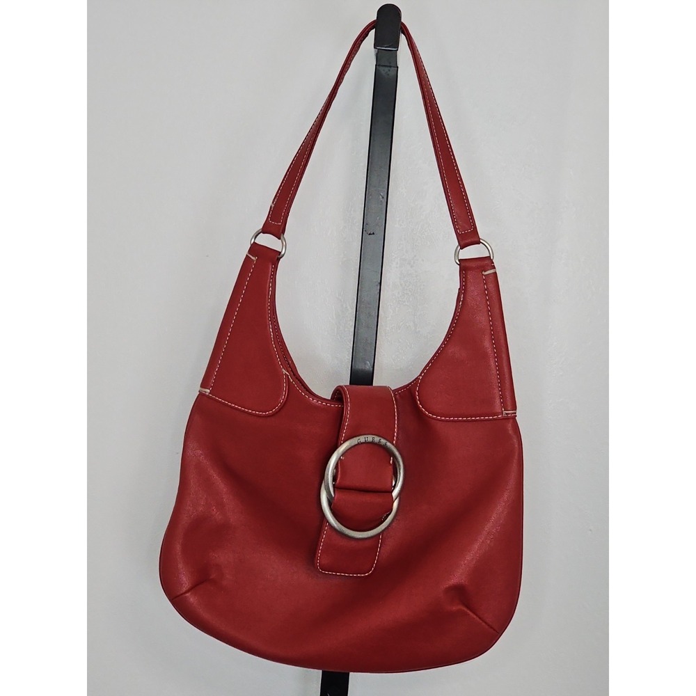 Guess Red Faux Leather Hobo Shoulder Bag with Signature Double Ring Hardware